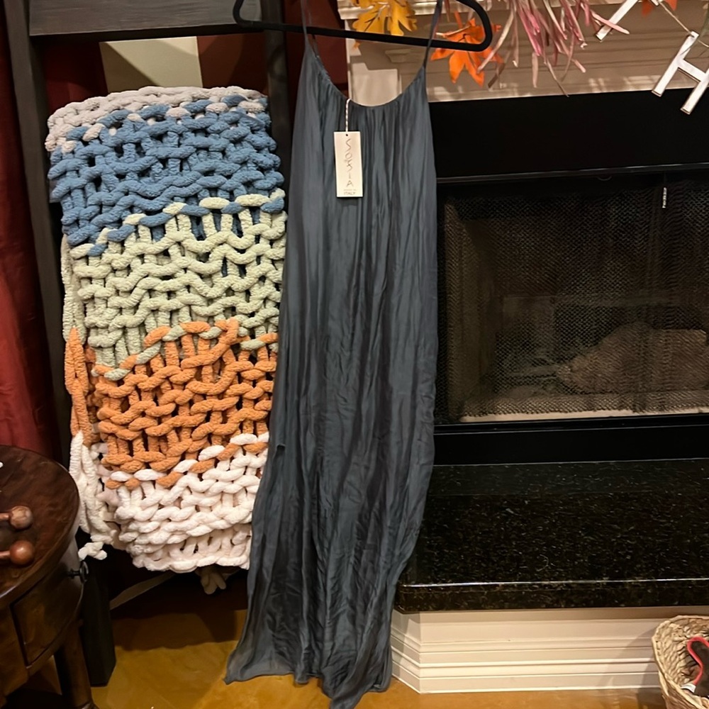 Sophia Dress, Size L, Tunic Length, Blue & Copper Pattern, Silk, Buttondown